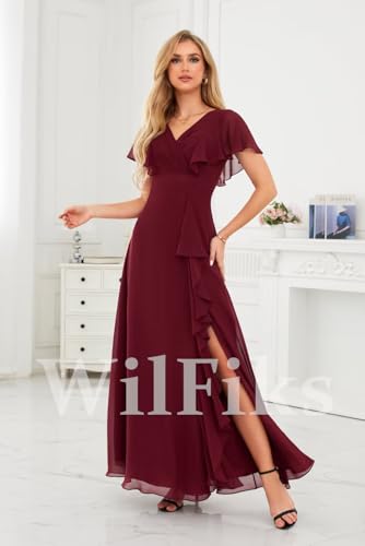 Image of WilFiks Ruffle V Neck Bridesmaid Dresses for Women Long Ruched Chiffon Formal Wedding Guest Dress Evening Gowns with Slit