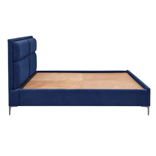 Image of Wakefit Bed | King (78 X 72) Solid Wood Bed, Upholstered, Without Storage, 3 Year Warranty - Zewail - Velvet Blue