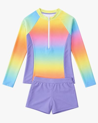 JiAmy Dziewczęce wyściełane biustonosze Rash Guard, kostium kąpielowy dla dziewczynki z długim rękawem, dwuczęściowy strój kąpielowy 7-16 lat, wielobarwny, 11-12 lat
