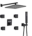 ZHAOHUA Shower System, Thermostatic Brass Black Square 10-12 Inch Rainfall Shower Head with 4 PCS Body Jets Mixer Set, Wall Mounted Shower Set