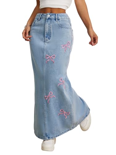 Women's Bow Embroidery Slit Long Denim Skirt