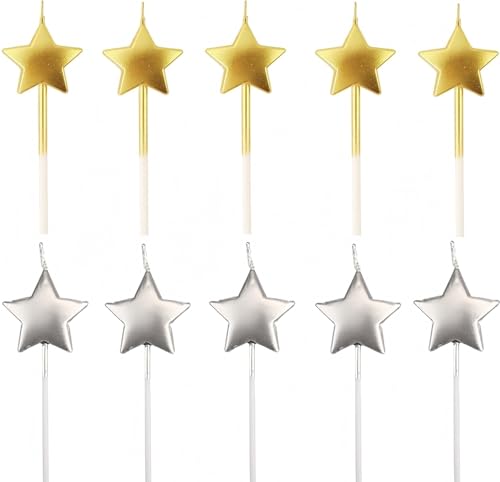 Heyumybit Velas de Cumpleaños en Forma Estrella,10 Pcs Velas Metálicas Bonitas para Decorar Pastel de Fiesta di Cumpleaños y Bodas,Velas Decorativas para Decoración un Tarta,Oro,Plata