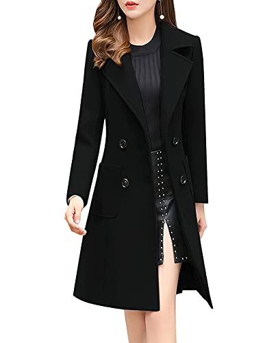 ebossy Womens Elegant Double Breasted Notch Lapel Slim Buttoned Winter Warm Wool Blend Pea Coat - Main Image