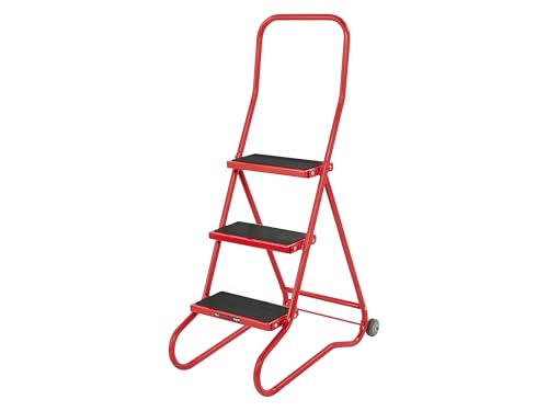 The Workplace Depot Wheelalong Safety Steps, Heavy Duty Red Powder Coated Steel Mobile Steps with Wheels & Ribbed Non-Slip Rubber Treads for Workplace, Office, Warehouse (3 Tread)