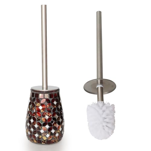 Image of Handmade Mosaic Toilet Brush and Holder Set, Decorative Brown Glass Toilet Bowl Brush with Stainless Steel Handle, Luxury Bathroom Accessories Set, Mosaic Bathroom Decor, Weighted Base