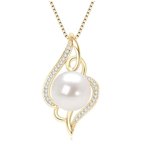 Gold Pearl Necklaces for Women, Sterling Silver Big Freshwater Single Pearl Pendant Necklace, Anniversary Birthday Wedding Jewelry Gifts for Her (11-12 mm) Cover