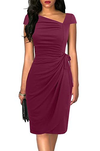 Liyinxi Women's Wrap Ruched Bodycon Tummy Control Knee-Length Casual Party Work Summer Holiday Purple Pencil Dress (M, 8022-Purple)