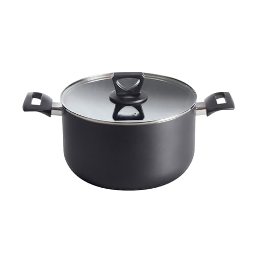 QDESIGN BLACK+ - Olla de aluminio ultra antiadherente antiarañazos sin PFOA con tapa de cristal, para todo tipo de fuegos, incluida inducción, compatible con horno, lavavajillas y nevera, color negro