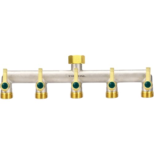 Heavy Duty Brass Garden Hose Splitter, 5-Way Faucet Splitter with 5 Extended Metal Handles, Outdoor Hose Splitter, GHT 3/4-Inch Heavy Duty Hex Female Inlet and 3/4-Inch Male Outlet, Nickel Plated