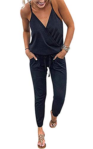 ECOWISH Women's V Neck Spaghetti Strap Drawstring Waisted Long Pants Jumpsuit Rompers Black Medium