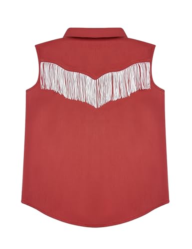 Image of Girls Fringe Shirt Sleeveless Button Down Western Cowgirl Tassel Trim Casual Blouse Shirt Top 4-13Y