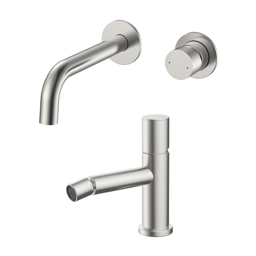Set miscelatori lavabo a muro e bidet satinato in acciaio inox, manopola rotante e indicatori per l’acqua, GEMINI