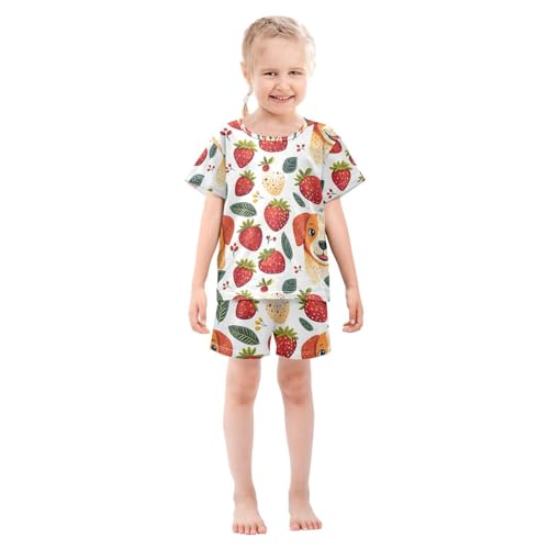 ALAZA Cartoon Dog Strawberry Pajamas Set Short Sleeve Cotton Sleepwear Summer Pjs 2 Piece 5-14Y3