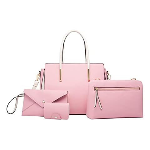 SMALLBLUER Women Soft Synthetic PU Leather Tote Hobo Shoulder Crossbody Handbags Top-Handle 4pcs Satchels Purse Clutches Wallets-Pink Cover