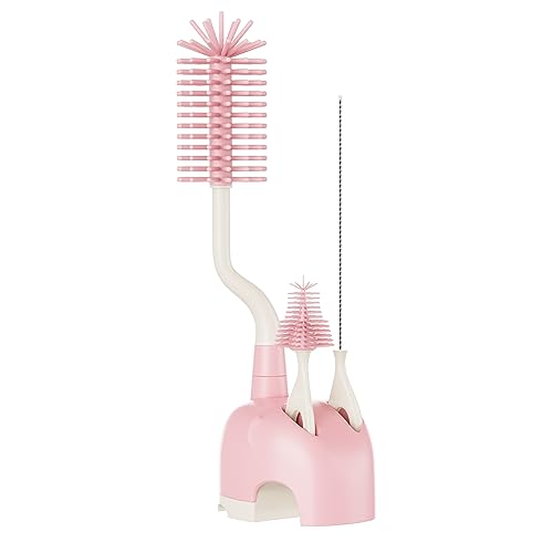 Image of ePiiChua Silicone Bottle Brush Set with Stand, 360° Rotating Bottle Cleaning Brush Cleaner Set, Long Handle 3 in 1 Multipurpose Silicone Baby Bottle Straw Cleaner Brush (Pink)