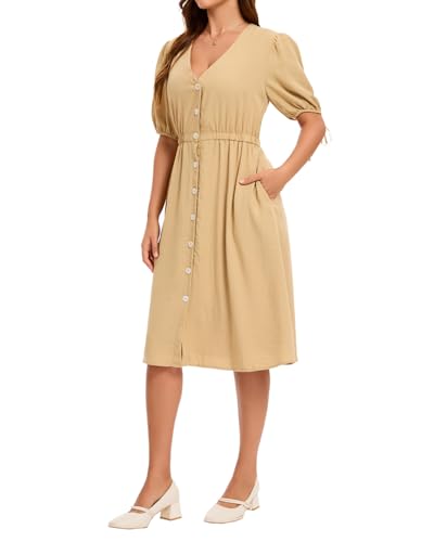 Image of Women Linen Rayon Blend Midi V Neck Button Front Elastic Waist Puff Sleeve Tie Casual Summer Dress