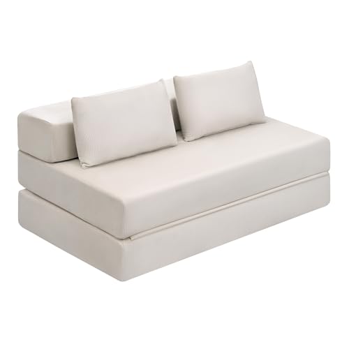 EUGAD Canapé Convertible 2 Places, Canapé Lit, Chauffeuse, Design Pliable, avec 2 Coussins, en Velours Côtelé, pour Salon, Bureau, Appartement, Beige