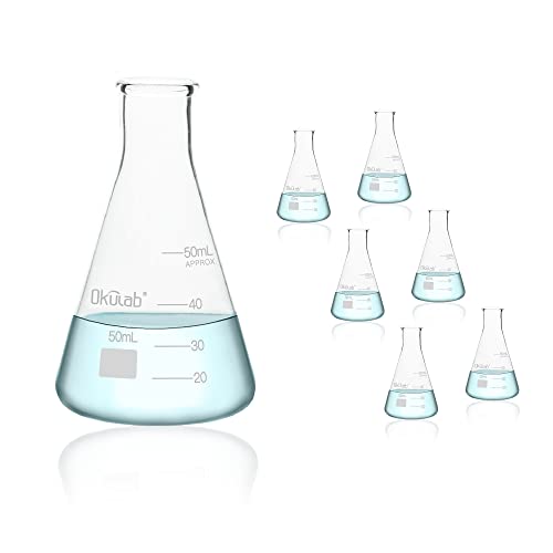 Okulab Conical Flask Set, Glass Erlenmeyer Flasks, 6pcs of Vol.50ml, Borosilicate 3.3 Glass Material with Printed Graduation.EFNG50A6