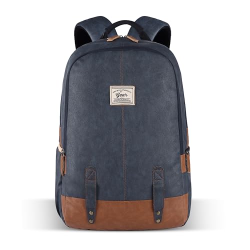 Image of Gear Classic 19 inch /23L Medium Faux Leather (without Anti Theft) Water Resistant Laptop Backpack /Casual Backpack /Daypack /Travel Backpack /College Bag For Men /Women (Navy-Tan)