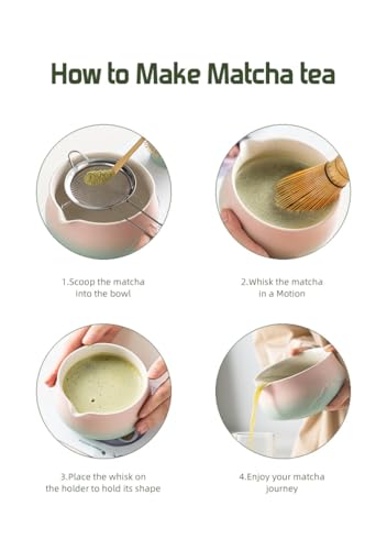 Miniatura 2 de Set Matcha 6 Piezas Cuenco Matcha Degradado Rosa-Verde Con Boquilla, Batidor De Bambú , Cuchara, Tamiz, Soporte Y Base Juego De Té Japonés Tradicional, Ideal Para Principiantes Y Regalo