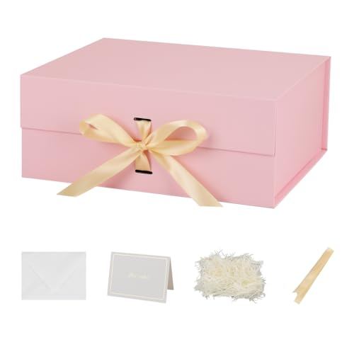 BoxSkivra Large Pink Gift Box with Ribbon 1 Pack 13X11X5.3 Inch Large Gift Box with Lid Magnetic Closure Rectangle Collapsible Luxury Wrap Box for Wedding Gifts Crinkle Cut Paper Shred with Card