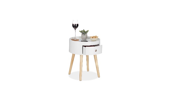 Mesa Auxiliar Redonda, Con Cajón, Mesita De Noche Nórdica, DM Y Madera 1 Ud 46 X 38 Cm Blanca Y 10079114