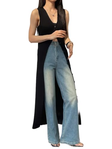 Women's Stretchy V-Neck Sleeveless Cardigan - Slim Fit Solid Knit Vest, Seasonless Long Duster for Layering