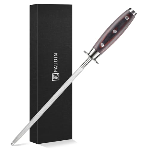 PAUDIN 10 Inch Honing Steel, Knife Sharpener, Professional Carbon Steel Knife Sharpener Rod for Kitchen Knives