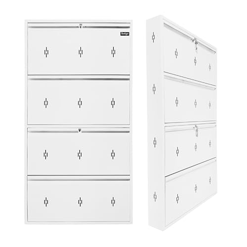 Image of Premium 4 Door Wall Mount Metal Shoe Rack | 30 inch Wide | Fits Size 12 Shoes | Dual Lock 2+2 Door Setup (Premium White, 4 Door)
