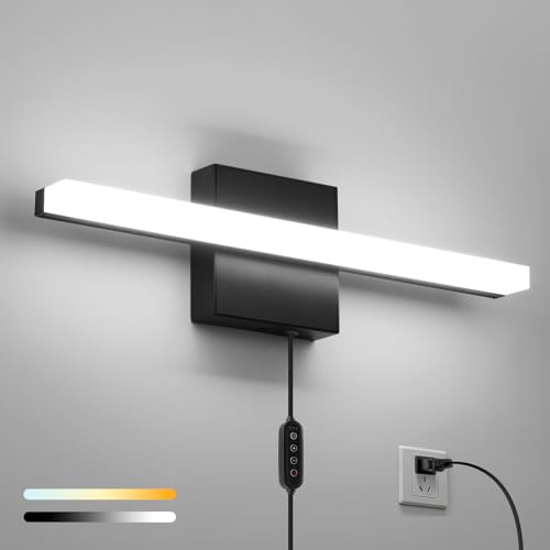 Image of Combuh Black Plug in Vanity Light Bar Corded for Bathroom Lighting Fixture No Wiring, 16Inch 5 Colors Adjustable Dimmable Modern Bright Daylight Mirror Lamp for Wall Dressing Room Makeup (with Plug)
