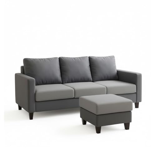 Image of FURNY Arnold 4 Seater L Shape Sofa Set with Movable Ottoman | Flexible Left or Right Layout | Plush Velvet Fabric (Dark Grey-Light Greyl) | Perfect for Living Room, Guest Room & Office