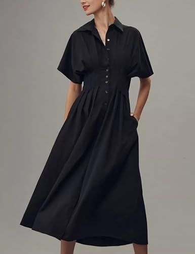 Image of Yeokou Shirt Dress for Women Summer Casual Short Sleeve Button Down Loose Pleated Maxi Sundress with Pockets