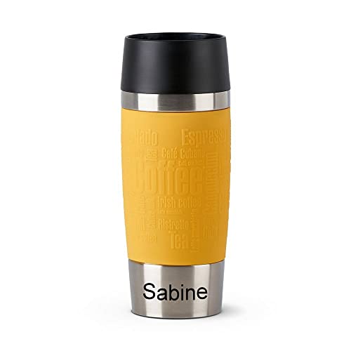 Emsa Isolierbecher mit Gravur, Travel Mug 360ml gelb, 4h heiß/ 8h kalt, 100% dicht, auslaufsicher, Kaffee & Tee Thermo to-go-Becher