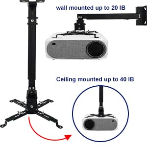 Image of 5ft Heavy Duty Adjustable Projector Ceiling Mount Stand, Universal Projector Wall Mounting Bracket Kit with Swivel, Tilt & Height Adjustments (42 Inch to 60 Inch) (Black)