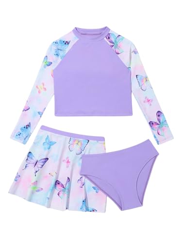 Image of WDIRARA Girl's 3 Piece Butterfly Print Tankini Swimwear Set Boho Raglan Sleeve Bikini Sets Bathing Suit