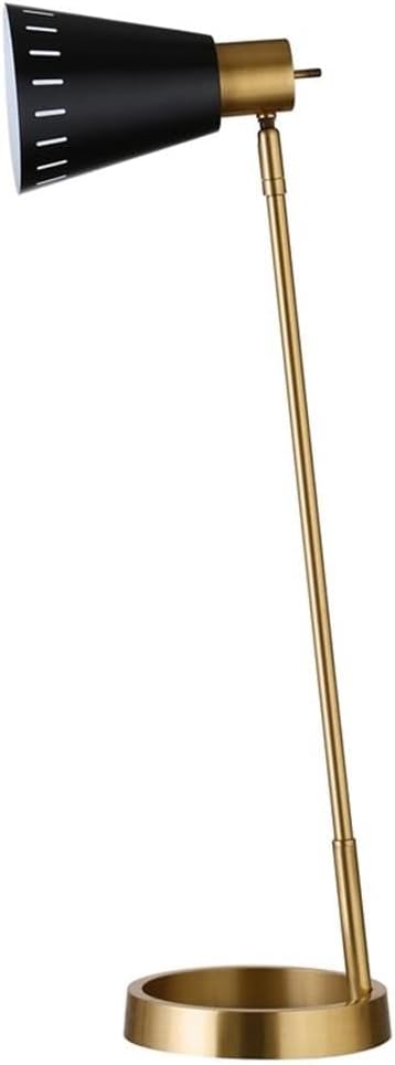 Pemberly Row Mid-Century 27" Metal Table Lamp, Brushed Brass and Matte Black Finish, Cone Shade, Rotary Socket Switch, Includes 6 ft Cord, Art Deco Style for Living Room, Bedside or Workspace
