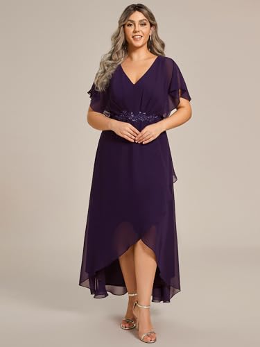 Image of Ever-Pretty Women's Plus Size V Neck Applique Short Sleeve Maxi Formal Wedding Guest Dresses Deep Purple US24