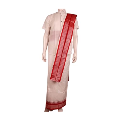 Image of Authentic Sambalpuri Handloom Cotton Unstitched Dhoti with Utari for Men | Traditional Odisha Weave Ikat Dhoti for Festive & Religious Wear