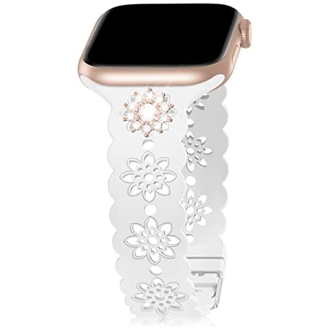 Floral Silicone Band with Charms Stud Compatible with Apple Watch Bands 38mm 40mm 42mm 44mm 41mm 45mm 46mm 49mm Women, Slim Hollow-out Wristbands Sport Bands for iWatch Ultra SE Series 10 9 8 7 6 5 4 3 2 1 Cover