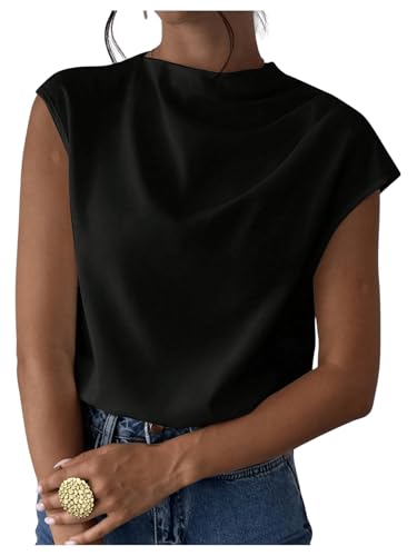 MakeMeChic Women's Draped Neck Tops Cap Sleeve Mock Neck Keyhole Work Shirt Summer Blouse