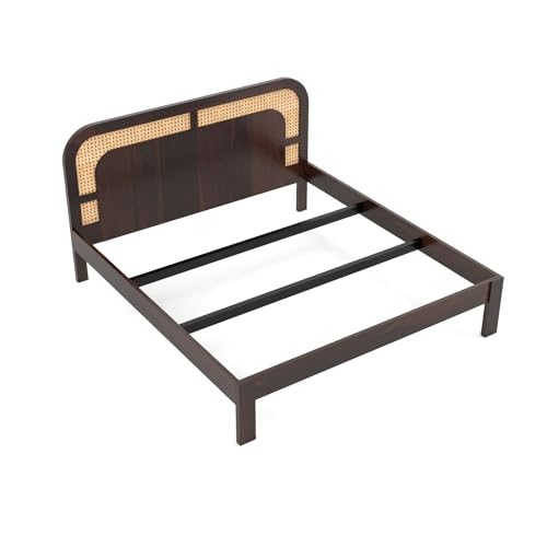 Image of Sheesham Wood Cane Bed Without Storage for Bedroom | King Size Wooden Double Bed Palang with Curved Rattan Headboard (Walnut Finish)