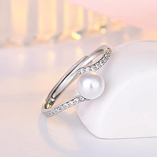 TIANGUO Mode Perle Anneaux 925 Bijoux en Argent avec Zircon Pierres Précieuses Bague Ouverte Fine Accessoires pour Mariage Fête De Fiançailles Cadeau