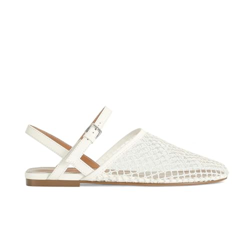 White Mesh Ballet Flats for Women Slingback Flats Round Toe Mary Jane Flat Fishnet Ballerina Shoes Comfortable Casual with Buckle Strap