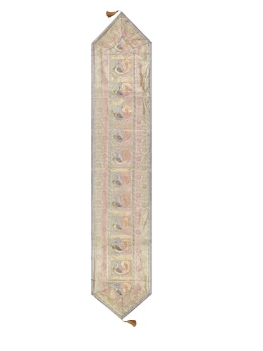 Image of Banarasi Brocade Zari Silk Table Runner Dinning & Centre Table Runner 177 By 30 CM (Grey, Peacock)