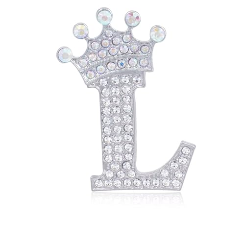 Image of Initial Letter Brooch Pins with Crown for Women Girls Men Boys Personalized Name Brooches Crafts Colorful Rhinestone Brooch Pins Silver A-Z