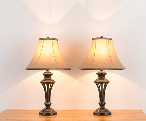 Smeike 3 Pack Lamp Set (2 Table Lamps, 1 Floor Lamp), 3-Piece Vintage Style Table And Floor Lamp Set In Bronze Finish With Brown Fabric Lamp Shades, 26" And 61"(H), Solid Iron #TOP6