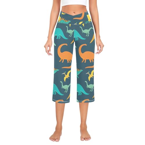 Estampa sem costura desenhada à mão com dinossauros V Crossover Yoga oitava calça para mulheres com