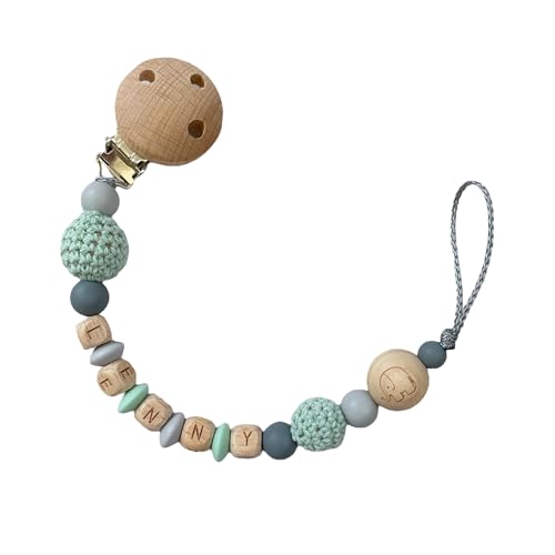 Schnullerkette mit Namen Junge Holz natur Silikon grün grau