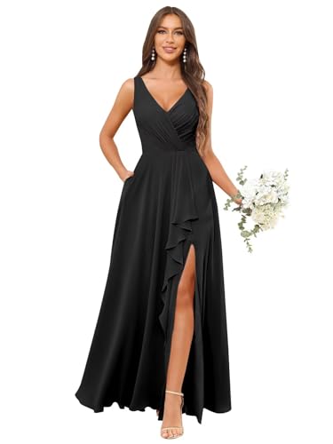 Image of HANVAIOS Long Chiffon V Neck Bridesmaid Dresses for Women Formal Dress with Pocket