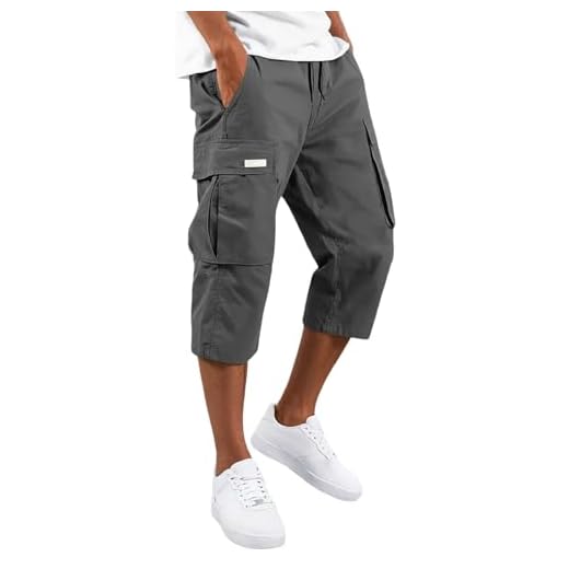 Shorts Homme Bermudas Élastique Sport Militaire Pantacourt Été Léger Court Randonnée Chantier Travail Cordon Serrage Taille Multi-Poches Utilitaires Décontractés Jeunes Short,Gris,M